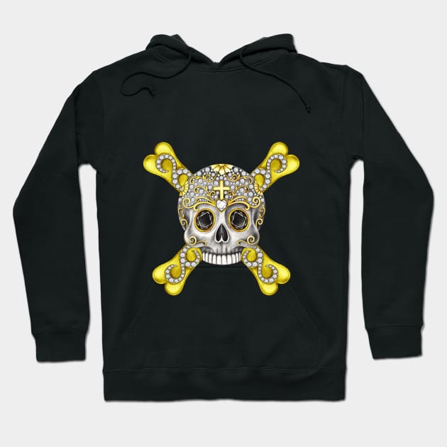 Skull and crossbone set with diamond silver and gold design. Hoodie by Jiewsurreal